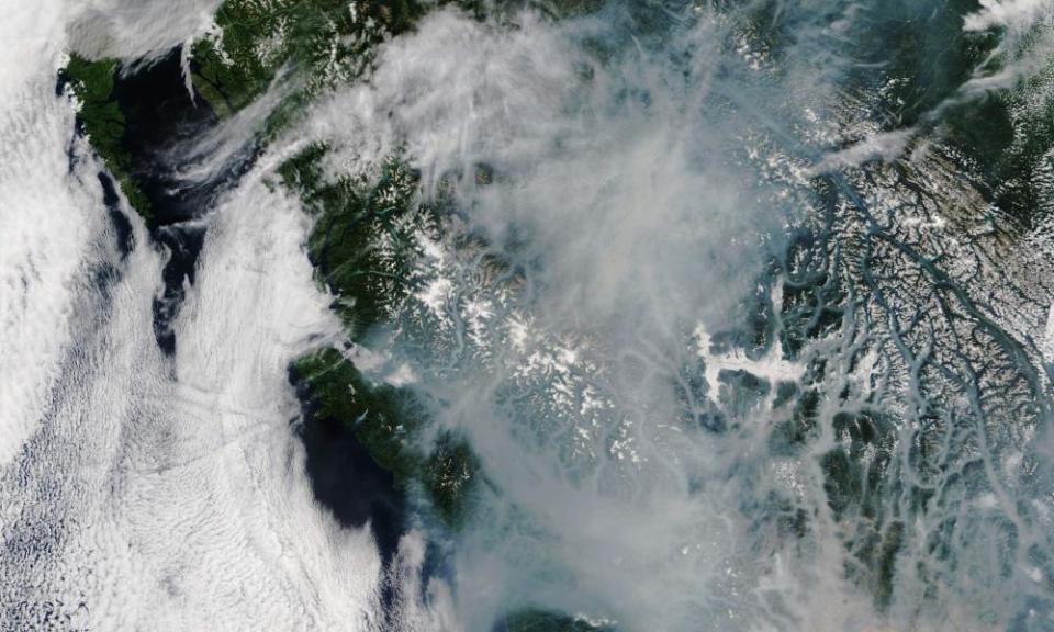 A satellite image released on 13 August by the Nasa Earth Observatory shows the smoky landscape of British Columbia.