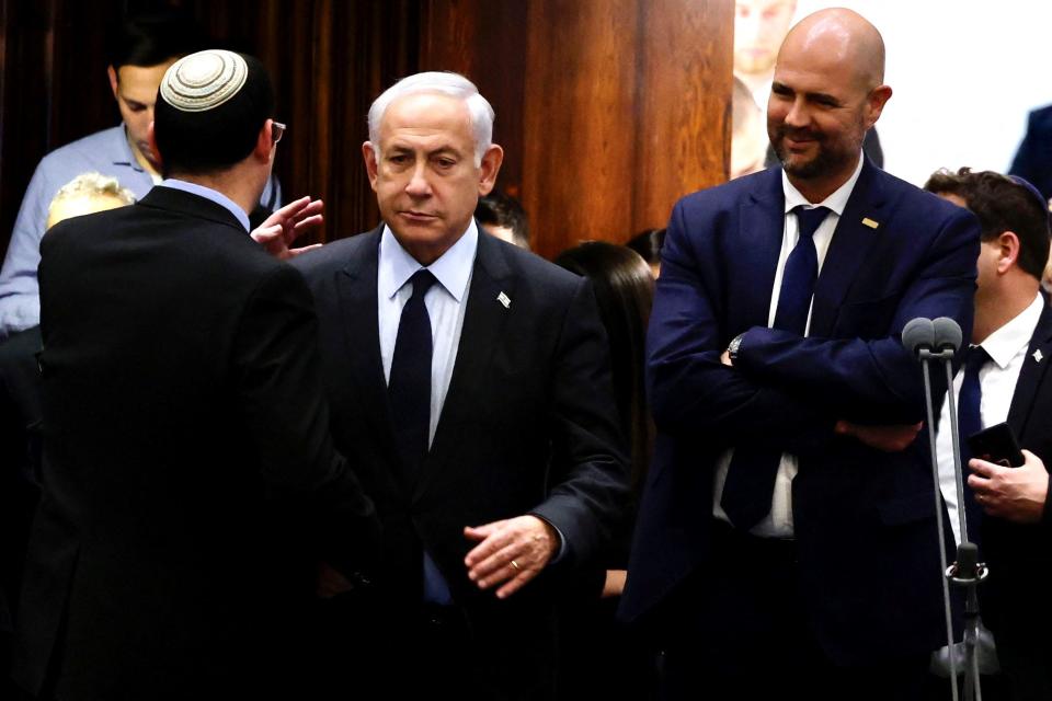 Israeli Prime Minister Benjamin Netanyahu stands at the Knesset, Israel's parliament in Jerusalem, on Monday.