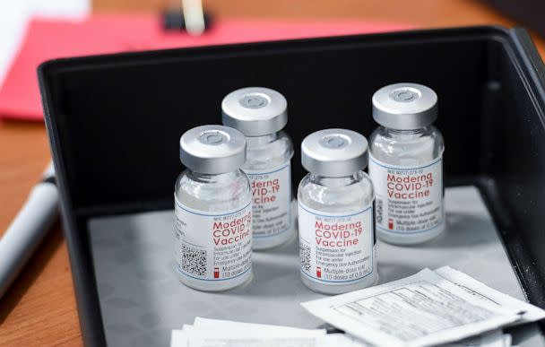 PHOTO: A detail photo of glass vials of Moderna COVID-19 vaccine at the Olivet Boys and Girls Club Pendora site in Reading, Penn., April 1, 2021. (Ben Hasty/MediaNews Group/Reading Eagle via Getty Images, FILE)