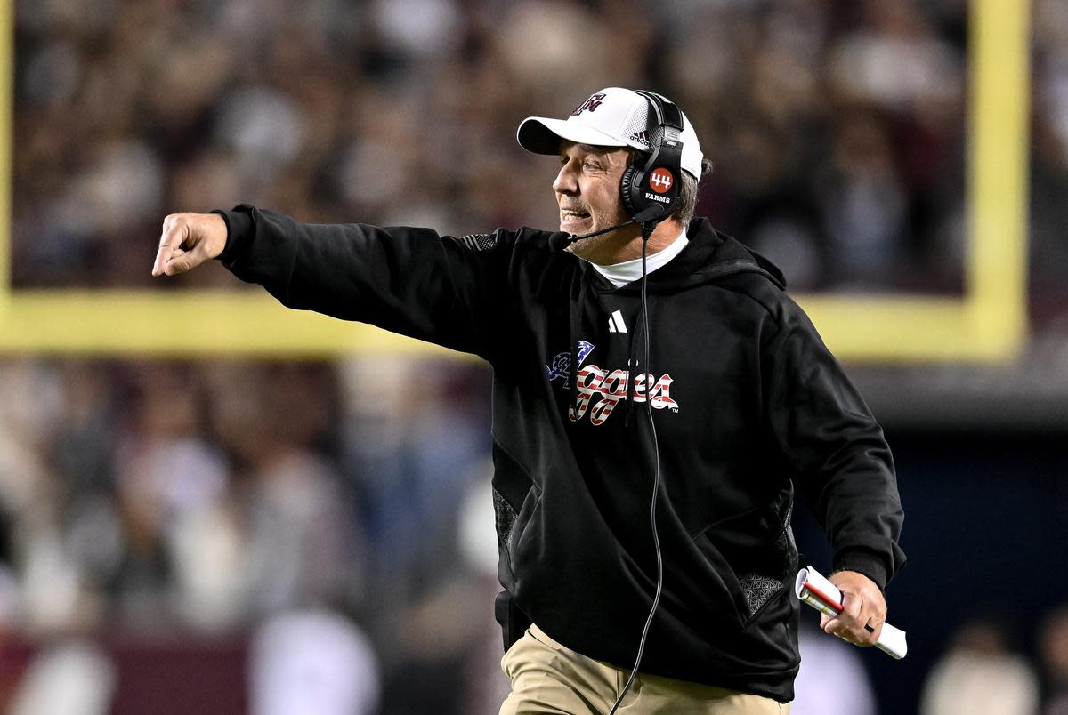 Texas A&M Aggies head coach Jimbo Fisher reacts to a call during the second quarter against the Mississippi State Bulldogs at Kyle Field in College Station on Saturday, Nov. 11, 2023. Mandatory Credit: Maria Lysaker-USA TODAY Sports