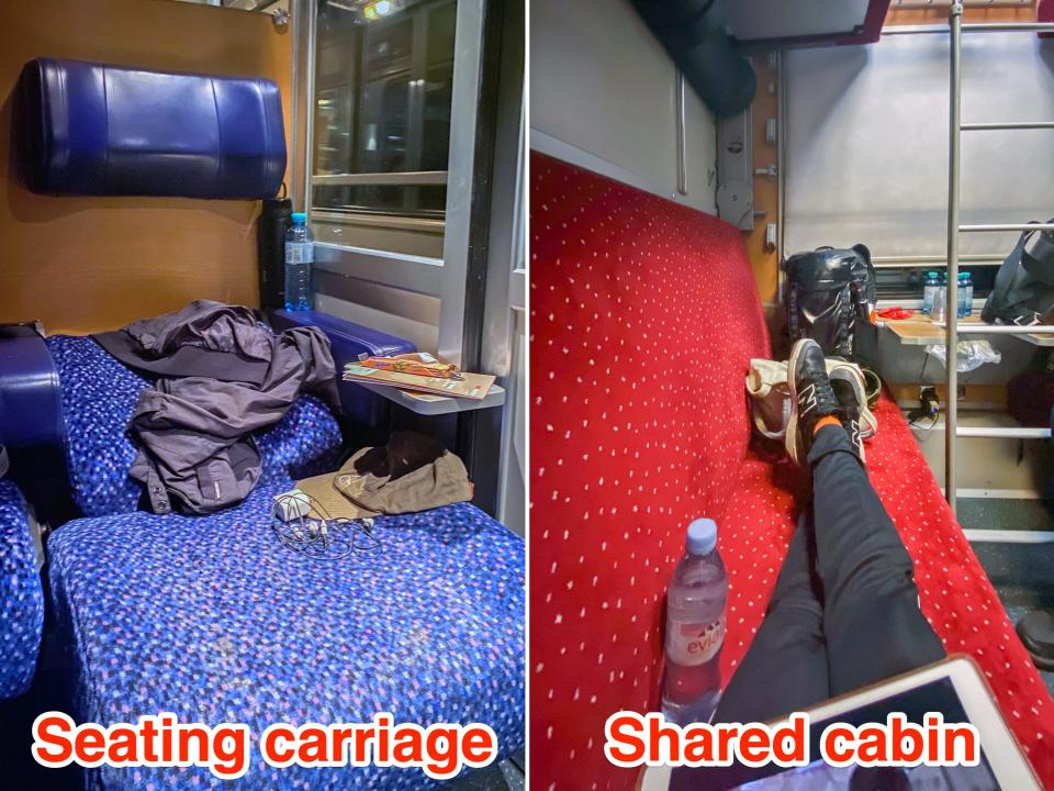 Inside the seating carriage (L) and shared cabin (R).