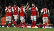 Britain Soccer Football - Arsenal v West Ham United - Premier League - Emirates Stadium - 5/4/17 Arsenal's Olivier Giroud celebrates scoring their third goal with teammates Action Images via Reuters / Paul Childs Livepic