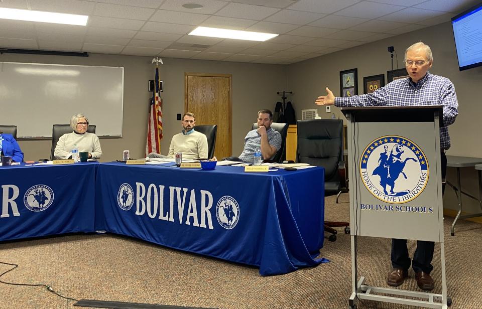 Bolivar school board member Brad Wommack addresses the room after the board voted 5-2 to censure him for violating board policies Tuesday, March 19, 2024. Wommack had been involved in an anonymous citizen group that urged voters to vote "no" on the district's tax levy.