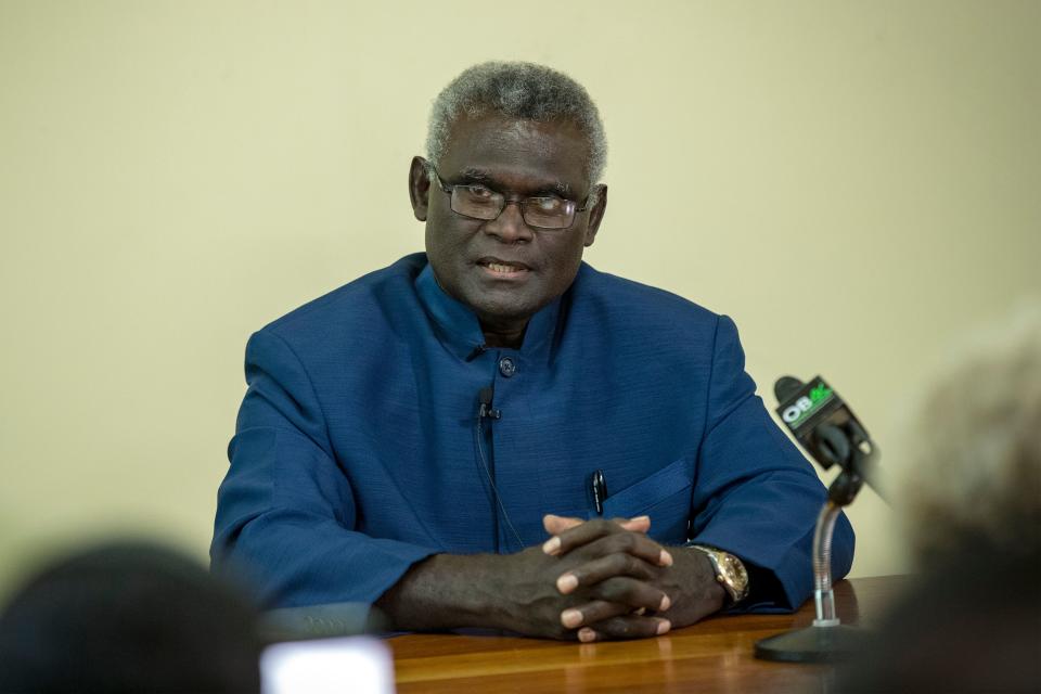 Veteran politician Manasseh Sogavare speaks at a press conference inside the Parliament House in Honiara, Solomons Islands on April 24, 2019. - The election of veteran politician Manasseh Sogavare as the new prime minister of the Solomon Islands sparked violent protests in the capital Honiara, with riot police deployed in a bid to maintain order. (Photo by Robert Taupongi / AFP)        (Photo credit should read ROBERT TAUPONGI/AFP/Getty Images)