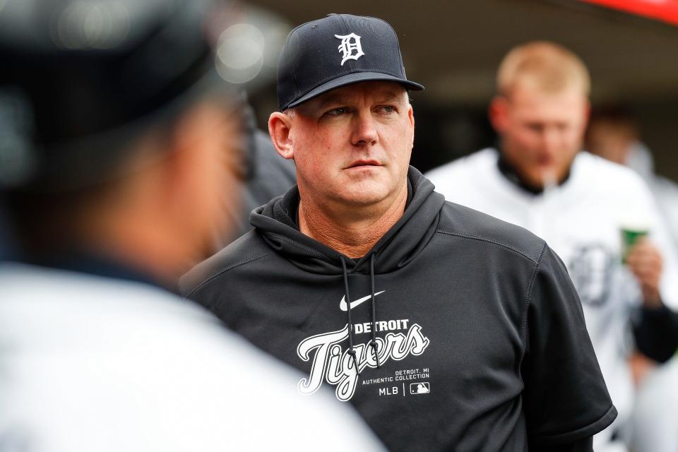 Detroit Tigers manager A.J. Hinch (14) watches a play against Oakland Athletics during the first inning of the home opening day at Comerica Park in Detroit on Friday, April 5, 2024.