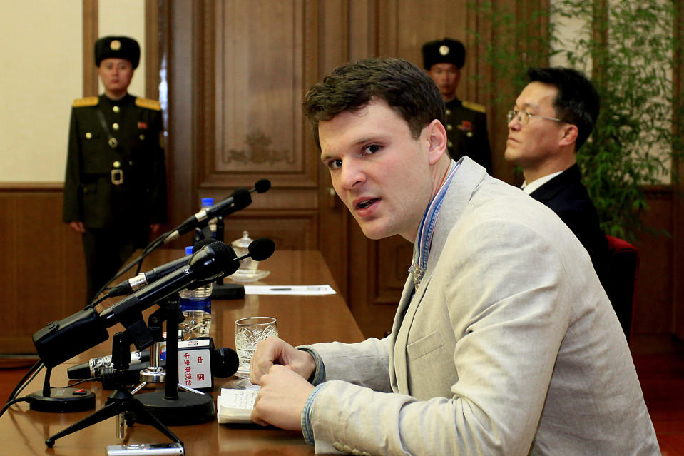 FILE - In this Feb. 29, 2016, file photo, American student Otto Warmbier speaks as Warmbier is presented to reporters in Pyongyang, North Korea. Warmbier’s parents spoke out Friday, March 1, 2019, after President Donald Trump's comment this week that he takes North Korea's leader Kim Jong Un "at his word" that he was unaware of alleged mistreatment during the young man's 17 months of captivity. Warmbier died at age 22 soon after his return in June 2017. (AP Photo/Kim Kwang Hyon, File)