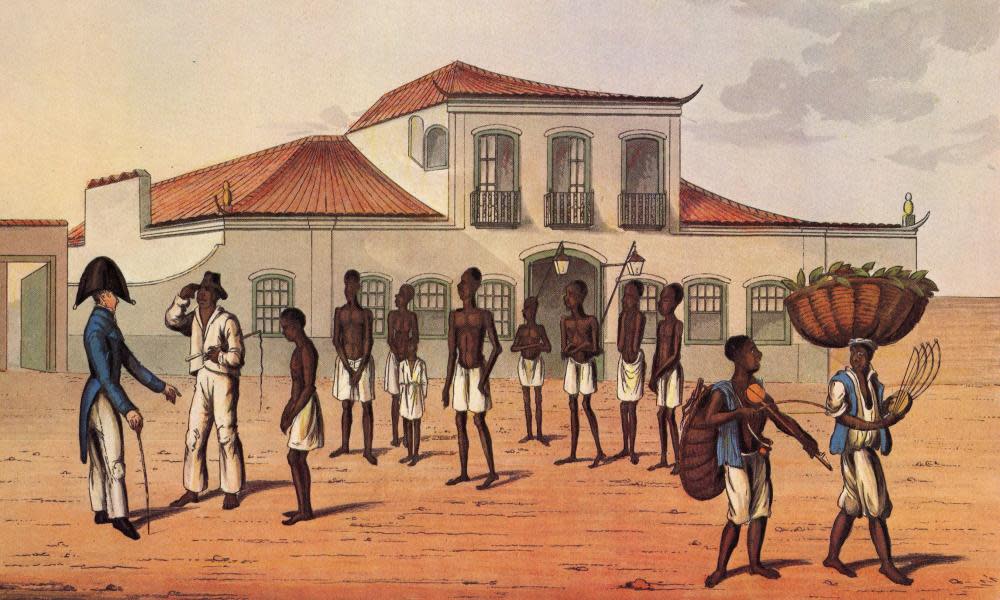 Recently Arrived Enslaved Africans, Rio de Janeiro, Brazil, 1819-1820. This image shows a group of newly-imported invalid Negroes taking the air under the care of a Capataz, or keeper, who generally bears the badge of his office--a whip--more for show than use.