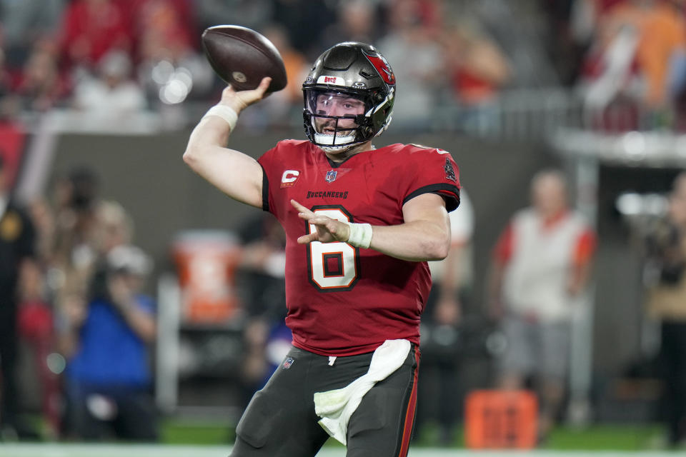 Tampa Bay Buccaneers quarterback Baker Mayfield throws a pass against the Philadelphia Eagles during the first half of an NFL wild-card playoff football game, Monday, Jan. 15, 2024, in Tampa, Fla. (AP Photo/Chris O'Meara)