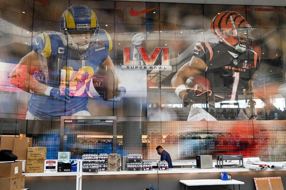 Inglewood, CA - February 12:The concession stands are being stocked at SoFi Stadium in Inglewood, CA for Super Bowl LVI which will take place Sunday.    (Photo by David Crane/MediaNews Group/Los Angeles Daily News via Getty Images)