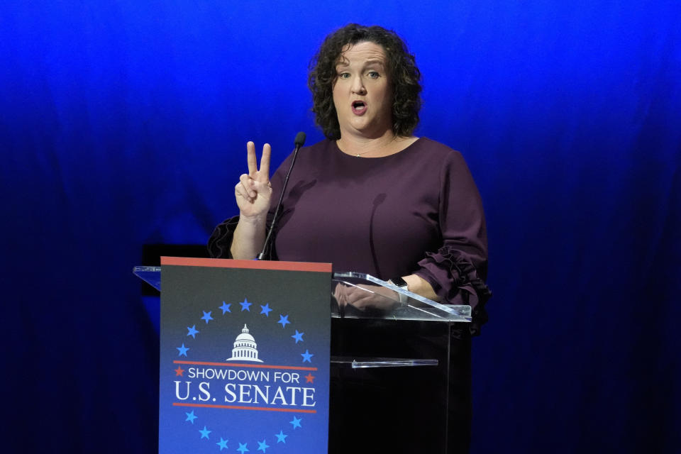 FILE - U.S. Rep. Katie Porter, D-Calif., speaks during a televised debate for candidates in the senate race to succeed the late California Sen. Dianne Feinstein, Monday, Jan. 22, 2024, in Los Angeles. (AP Photo/Damian Dovarganes, File)