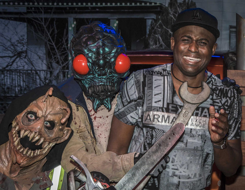 'Let’s Make a Deal’ host Wayne Brady was definitely in a losing situation with these two characters. The comedian, who hit up Halloween Horror Nights with the fam, tweeted of his experience: “Wow! I may have screamed like a Lil girl 2 or 5 times." (Courtesy of NBC Universal)  