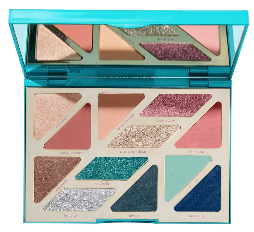 The picture shows a Tarte Rainforest Of The Sea High Tides & Good Vibes Eyeshadow Palette open with the mirror visible