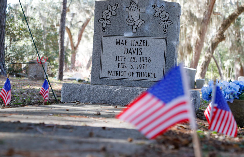 A new headstone marks the grave of Mae Hazel Davis at the Oak Grove Cemetery in St. Mary's Georgia. Davis's family was unable to afford a grave marker after she died in the 1971 explosion at Thiokol, so in December of 2022 the Thiokol Memorial Project helped to purchase a headstone.