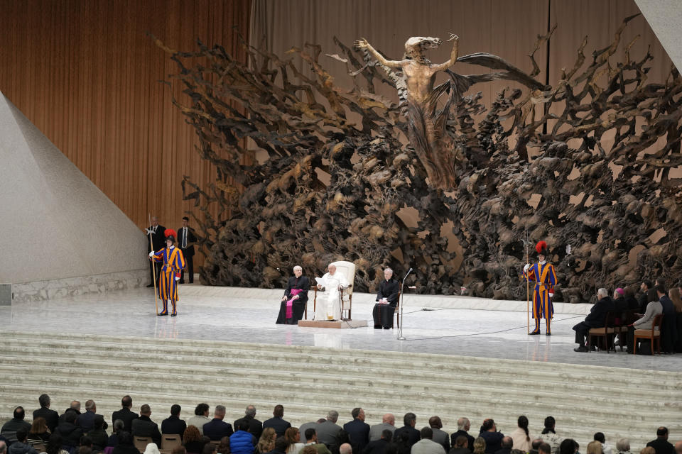 Pope Francis delivers his speech during his weekly general audience in the Pope Paul VI hall at the Vatican, Wednesday, Jan. 10, 2024. (AP Photo/Andrew Medichini)