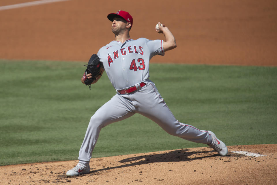 Los Angeles Angels starting pitcher Patrick Sandoval delivers during the first inning of a baseball game against the Los Angeles Dodgers in Los Angeles, Sunday, Sept. 27, 2020. (AP Photo/Kyusung Gong)