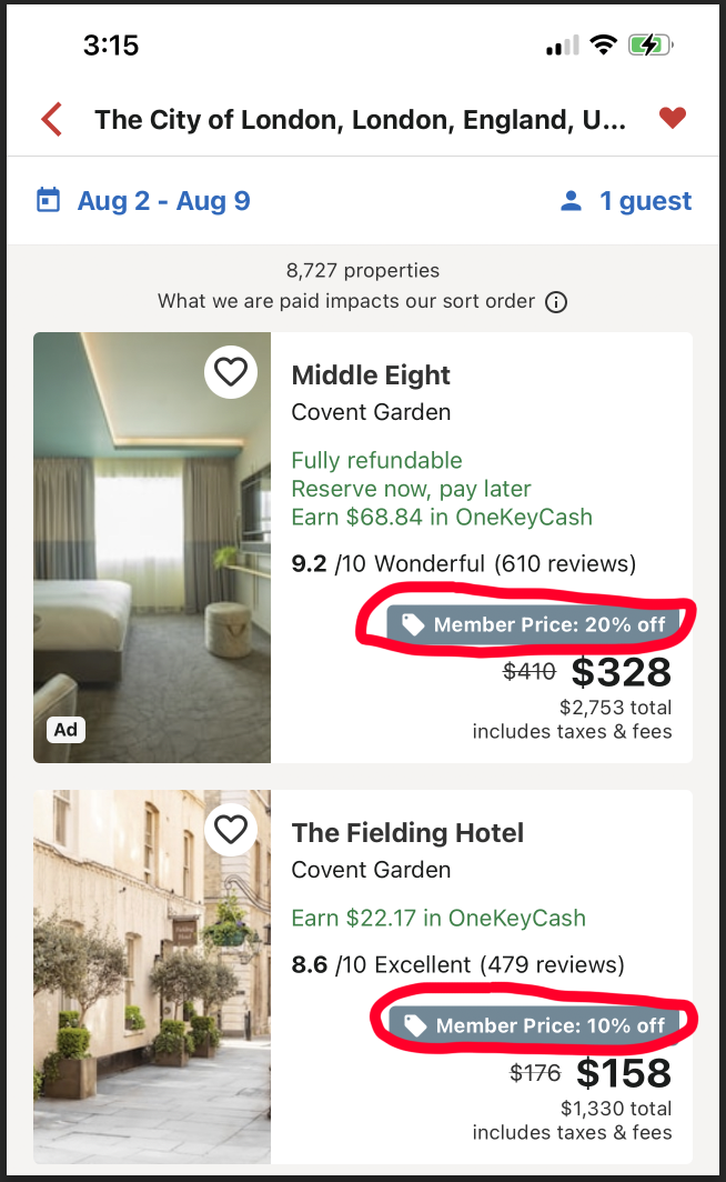 A close-up of the discounts offered on the hotels.com app