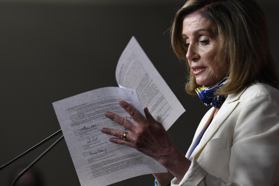 FILE - In this July 16, 2020, file photo House Speaker Nancy Pelosi of Calif., speaks during a news conference on Capitol Hill in Washington. Pelosi said recently she finds herself yearning for an earlier era of Republicans in the White House, saying despite differences, even with Richard Nixon, who resigned facing impeachment, “At least we had a shared commitment to the governance of our country.” (AP Photo/Susan Walsh, File)