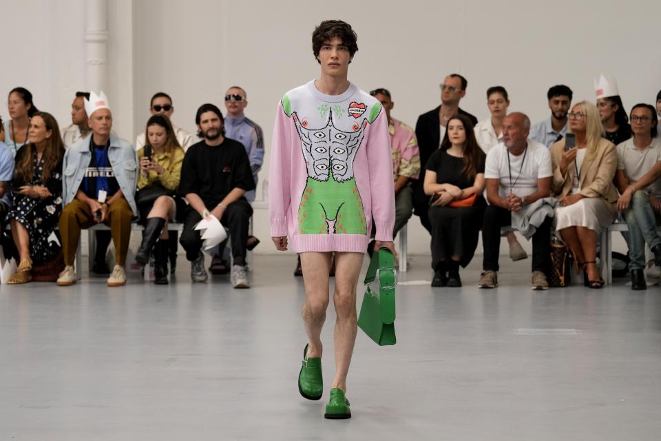 A model wears a creation as part of the Jeffrey Loverboy men's Spring Summer 2024 collection presented in Milan, Italy, Sunday, June 18, 2023. (AP Photo/Antonio Calanni)