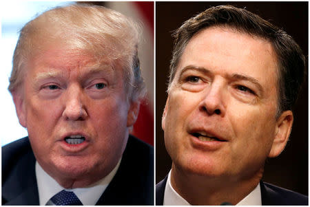 A combination of file photos show U.S. President Donald Trump in the White House in Washington, DC, U.S. April 9, 2018 and former FBI Director James Comey on Capitol Hill in Washington, U.S., June 8, 2017. REUTERS/Carlos Barria, Jonathan Ernst/File Photos