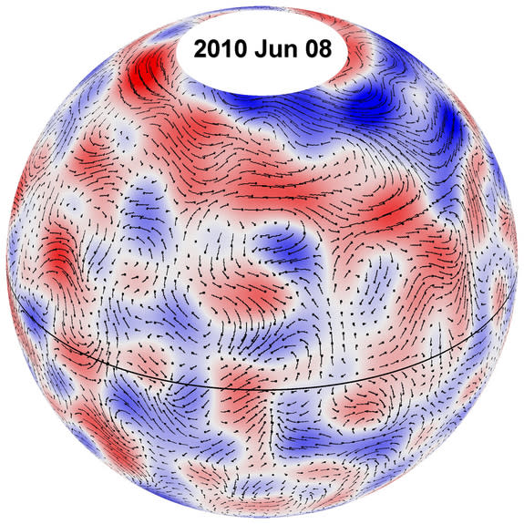 This image depicts giant plasma cell flow paths on the sun for June 8, 2010. The underlying cell pattern shows westerly winds in red and easterly winds in blue.