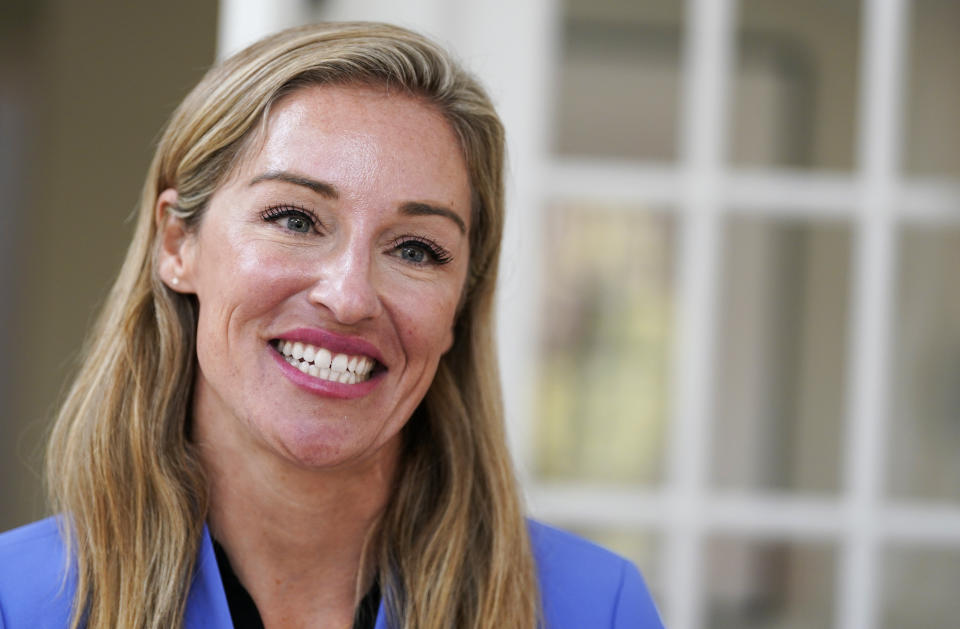 Nurse Practitioner and former Democratic candidate for the Virginia House of Delegates, Susanna Gibson, smiles during an interview at her home Wednesday Nov. 15, 2023, in Henrico, Va. (AP Photo/Steve Helber)