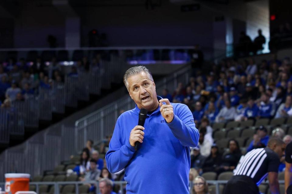 Kentucky head coach John Calipari speaks to fans before the Blue-White Game at Truist Arena in Highland Heights on Oct. 21.