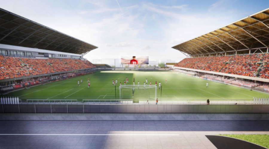 A rendering designed by Progressive AE shows what a Grand Rapids soccer stadium could look like. (Courtesy Grand Action 2.0)