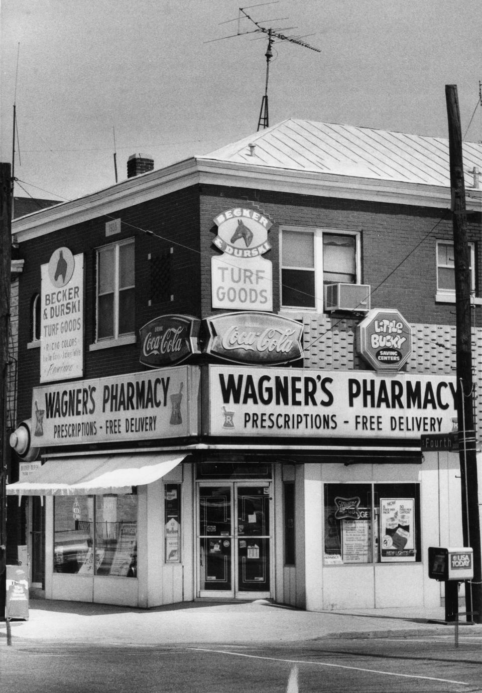 Wagner's Pharmacy. Photo by Bill Kight. 4-22-85.Exterior of Wagner's at 4th and Central. At Wagner's near Churchill Downs, the food comes with tips.