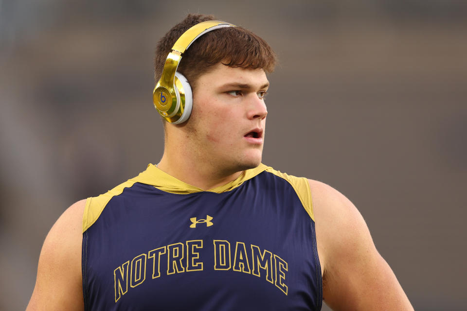 SOUTH BEND, INDIANA – OCTOBER 14: Joe Alt #76 of the Notre Dame Fighting Irish looks on prior to the game against the USC Trojans at Notre Dame Stadium on October 14, 2023 in South Bend, Indiana. (Photo by Michael Reaves/Getty Images)