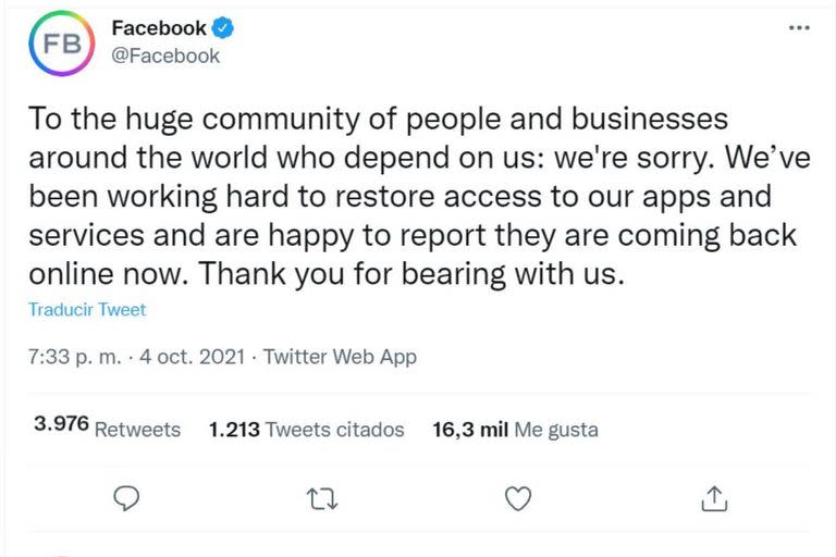 Las disculpas de Facebook luego de la interrupción de su servicio