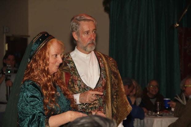 Linda and John Lancz make their case to be the Lady and Lord of Misrule during the 2011 Norwich Medieval Feast.