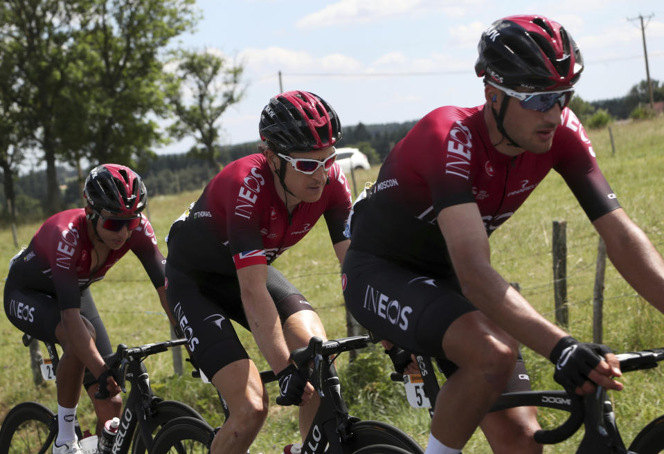 Colombia's Egan Arley Bernal Gomez, left, Britain's Geraint Thomas, center, and Italy's Gianni Moscon ride during the ninth stage of the Tour de France cycling race over 170.5 kilometers (105.94 miles) with start in Saint Etienne and finish in Brioude, France, Sunday, July 14, 2019. (AP Photo/Thibault Camus)