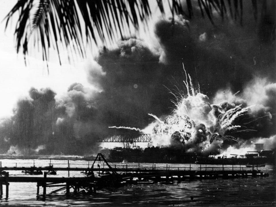 The American destroyer USS Shaw explodes during the Japanese attack on Pearl Harbor on December 7, 1941.