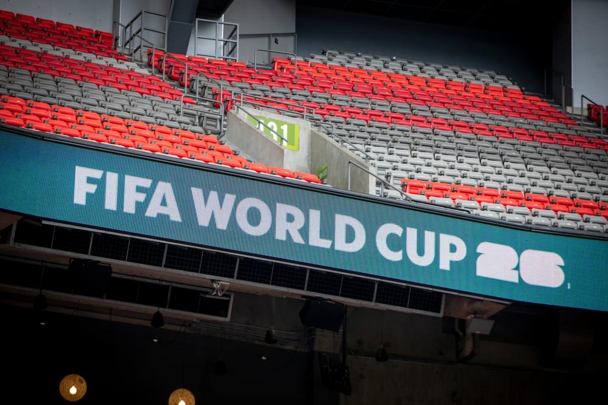 A FIFA World Cup sign in Vancouver, B.C., on April 30, 2024.  (Ben Nelms/CBC - image credit)