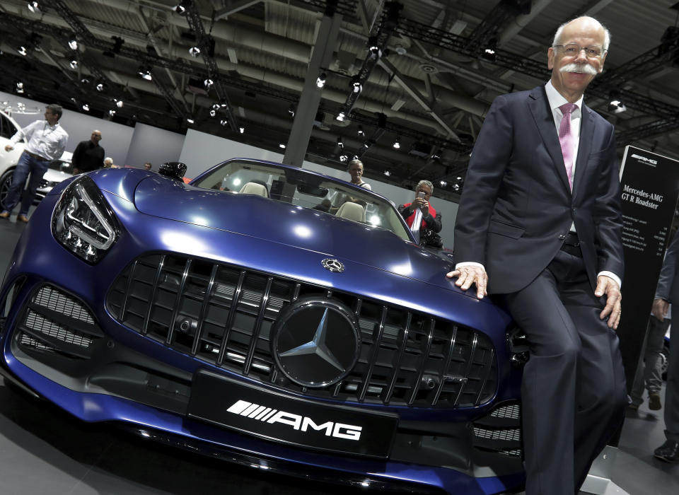 FILE - In this Wednesday, May 22, 2019 file photo, Daimler CEO Dieter Zetsche poses prior to the annual shareholder meeting of the car manufacturer Daimler in Berlin, Germany. Automaker Daimler releases second-quarter earnings on Wednesday, July 24. (AP Photo/Michael Sohn, file)