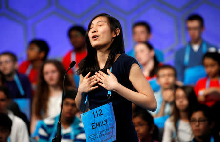 Emily Sun of Boston, MA, shows her relief after a correct spelling during a preliminary round at the 89th annual Scripps National Spelling Bee at National Harbor in Maryland, U.S., May 25, 2016. REUTERS/Kevin Lamarque