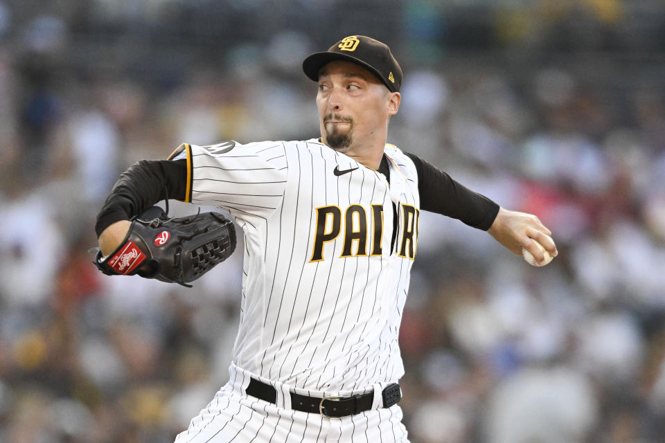 San Diego Padres starting pitcher Blake Snell delivers during the first inning of a baseball game against the Los Angeles Angels, Monday, July 3, 2023, in San Diego. (AP Photo/Denis Poroy)