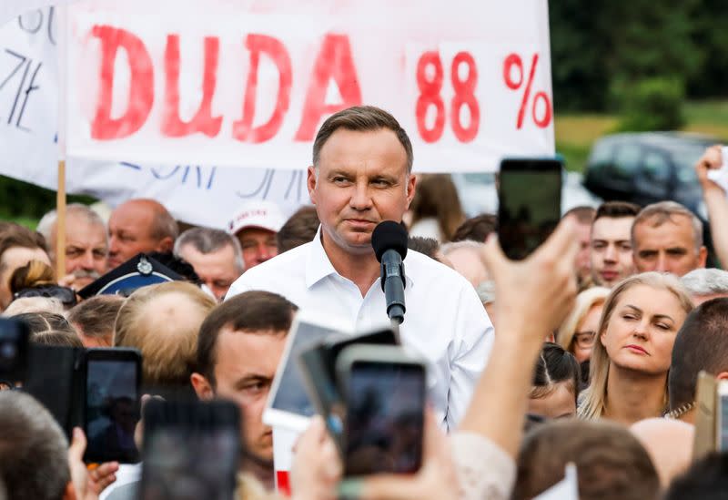 Polish President Andrzej Duda meets local residents in Odrzywol