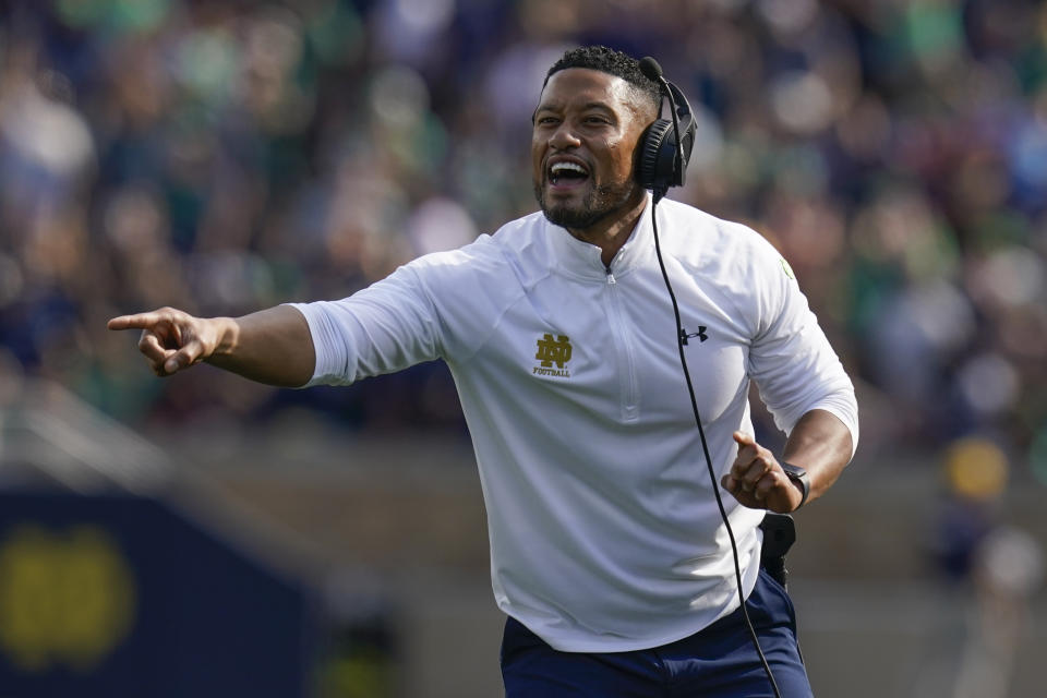 Notre Dame head coach Marcus Freeman yells to his team as they play Marshall during the second half of an NCAA college football game in South Bend, Ind., Saturday, Sept. 10, 2022. Marshall defeated Notre Dame 26-21. (AP Photo/Michael Conroy)