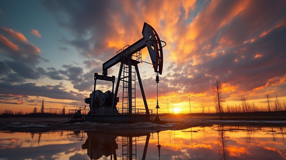 A close-up of an oil derrick against a colorful sunset sky, a symbol of the company's success.