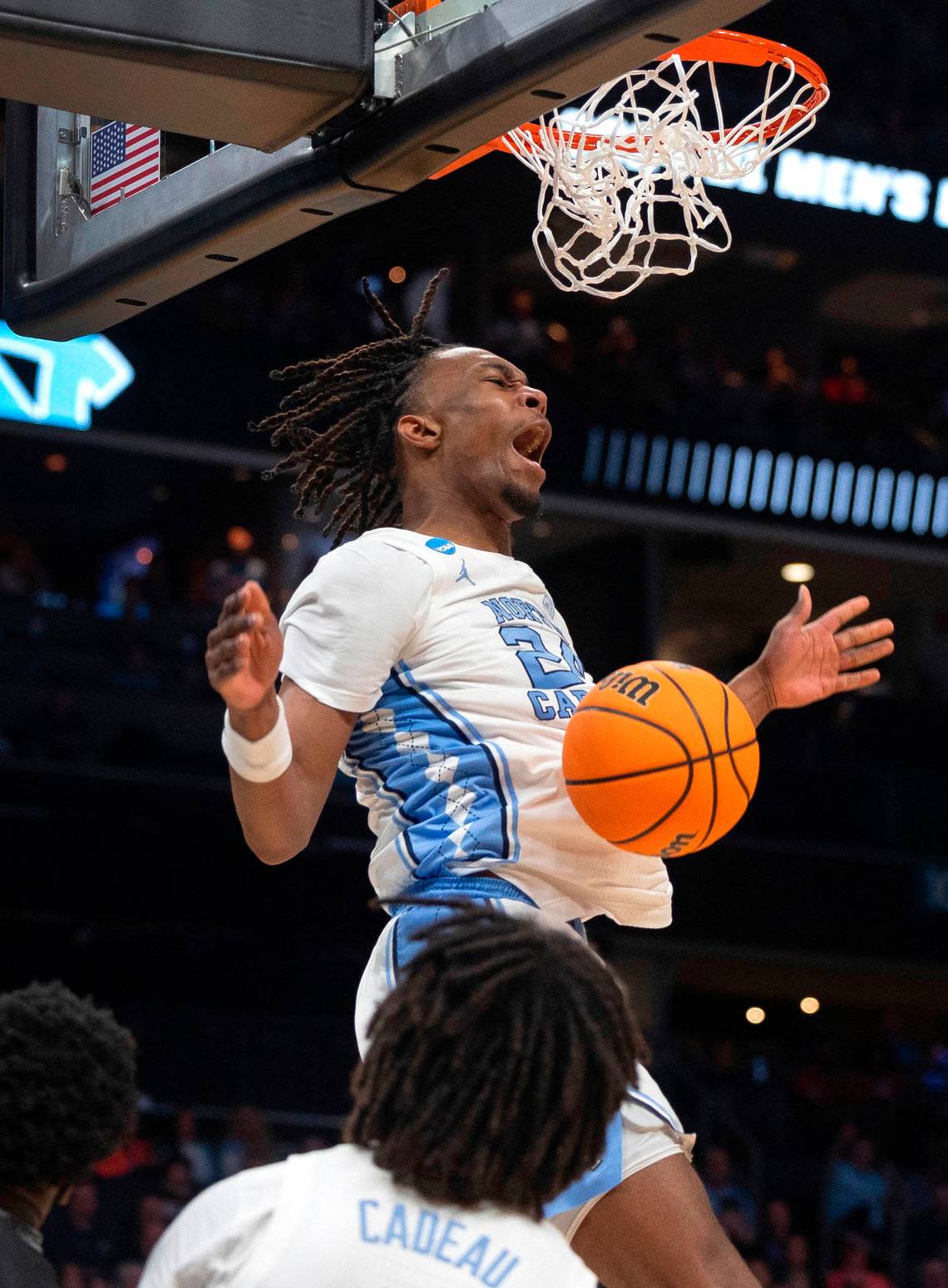 North Carolina’s Jae’Lyn Withers (24) reacts after a dunk on as fast break in the second half against Wagner on Thursday, March 21, 2024 during the NCAA Tournament at Spectrum Center in Charlotte, N.C. Withers scored 16 points in the Tar Heels’ victory.