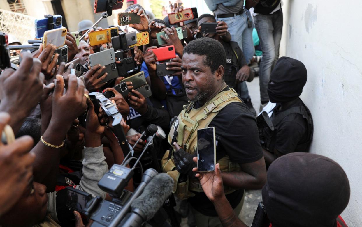 Burning ambition... Jimmy Chérizier at a press conference in Port-au-Prince on Tuesday. He has warned of escalating violence in Haiti unless Ariel Henry steps down