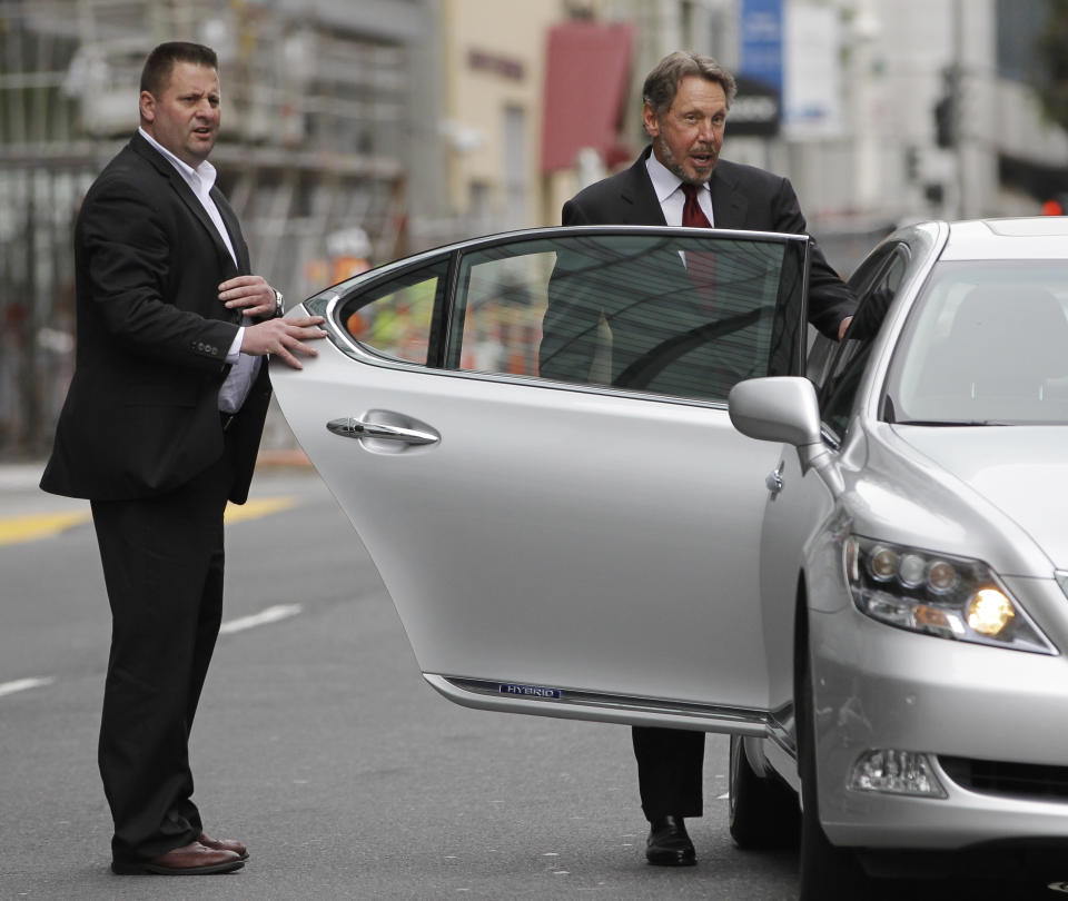 Oracle CEO Larry Ellison leaves after testifying at a federal building in San Francisco, Tuesday, April 17, 2012. Oracle intends to rely heavily on Google's own internal emails to prove Google's top executives knew they were stealing a popular piece of technology to build the Android software that now powers more than 300 million smartphones and tablet computers. (AP Photo/Paul Sakuma)