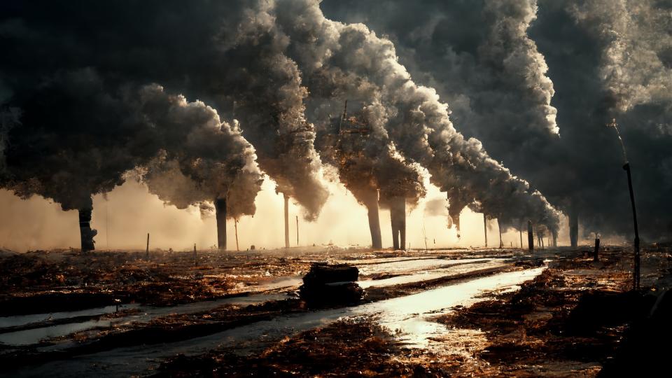 Chimneys spew pollution into the atmosphere in a ruined landscape.