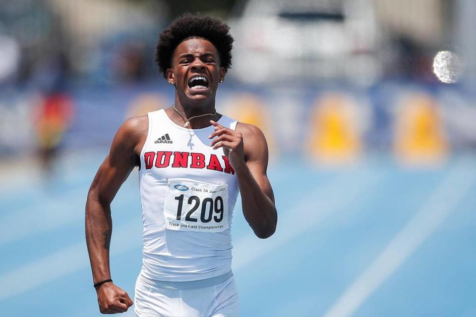 Paul Laurence Dunbar’s Kaylib Nelson takes first place in the 200-meter dash during the Class 3A Track and Field State Championships at the University of Kentucky Track and Field Facility on Saturday.