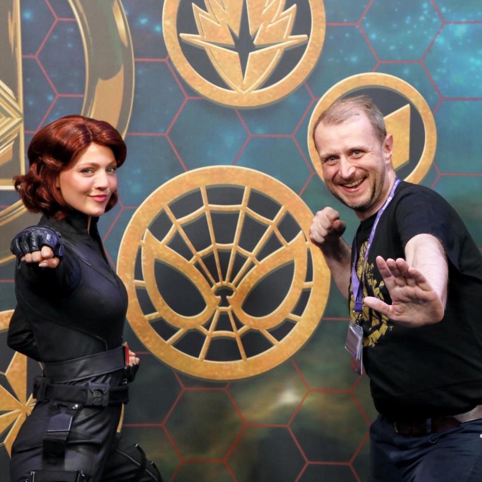 Damon Smith posing with Black Widow in Super Hero Station at Disney’s Hotel New York – The Art of Marvel at Disneyland Paris (Damon Smith/PA)