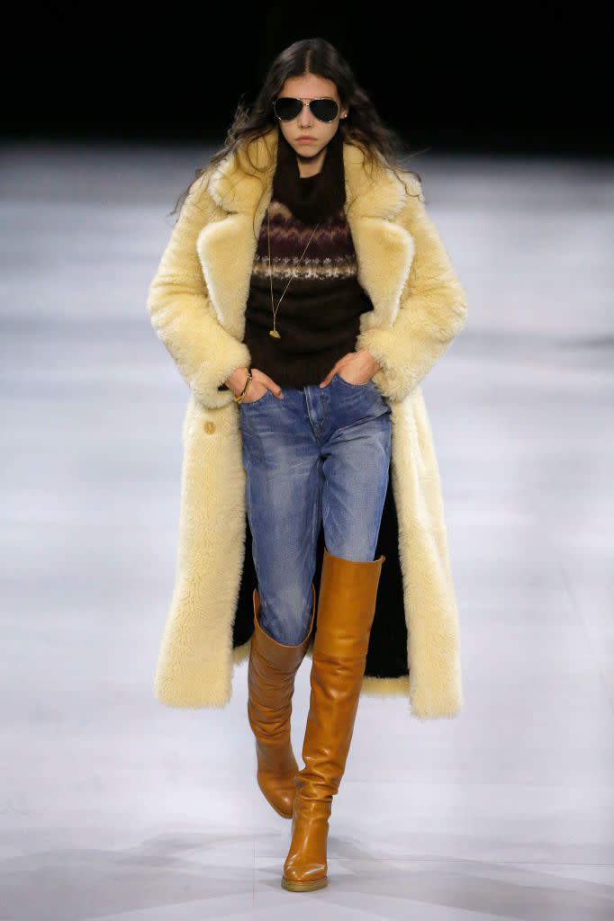 <p>Creative director Hedi Slimane is starting to find his footing. For his first Fall collection for Celine, the designer sent schoolgirl plaid skirts, <em>Almost Famous</em>-esque shearling jackets, and equestrian-style boots down the runway (along with aviator sunglasses on every single model.) Click through to see every look from the line. </p>