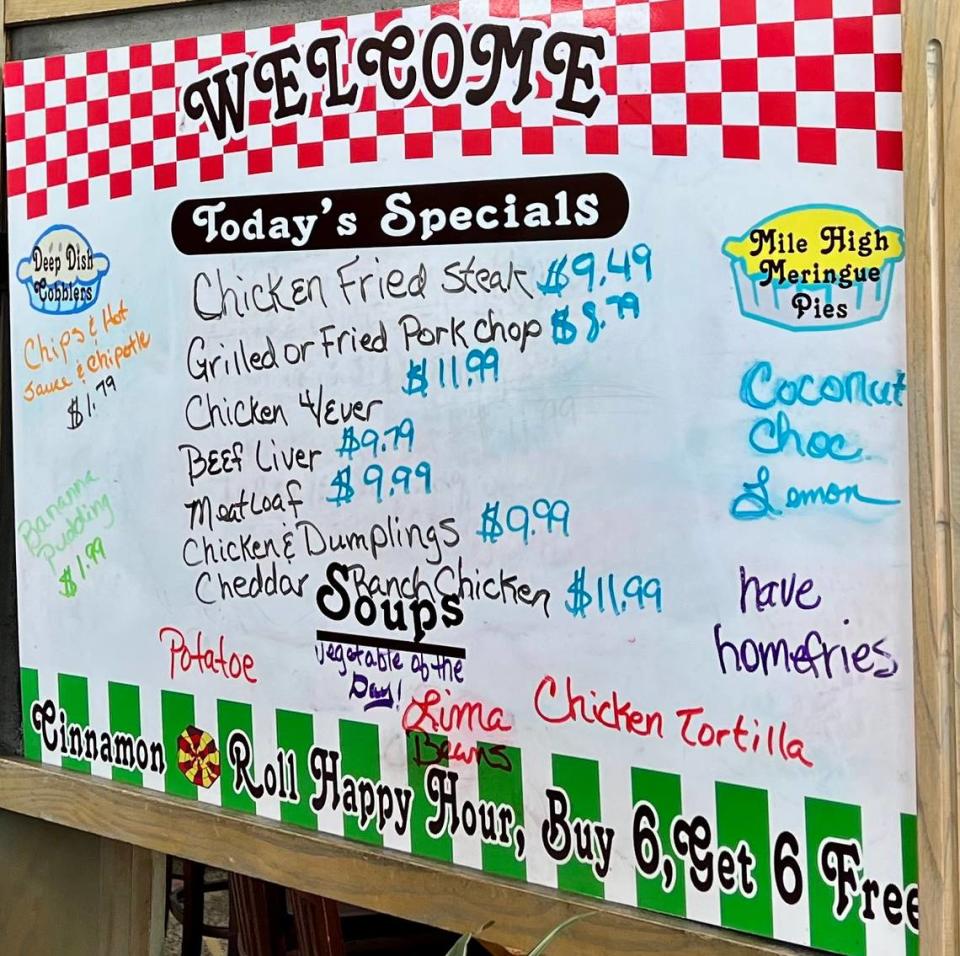 A folksy whiteboard menu Nov. 20, 2021, at Ginger Brown’s Old Tyme Restaurant in Lake Worth.