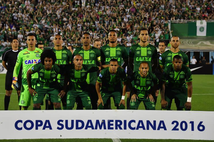 Brazil's Chapecoense players pose for pictures during their 2016 Copa Sudamericana semifinal second leg football match against Argentina's San Lorenzo held at Arena Conda stadium, in Chapeco, Brazil, on Nov. 23, 2016. (Nelson Almeida/AFP/Getty Images)