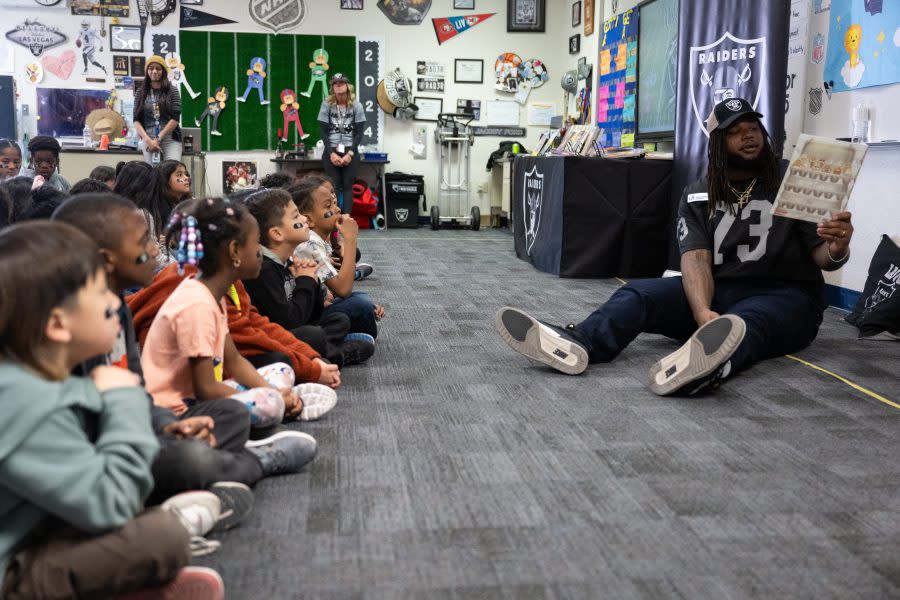 The Las Vegas Raiders visit students for Nevada Reading Week in effort to spread the love of reading at Robert E. Lake Elementary School, Tuesday, March 5, 2024, in Las Vegas, Nev. (Credit: Raiders)